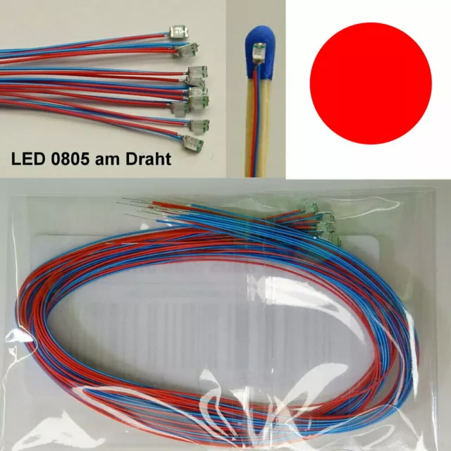 10 Stück SMD LED 0805 Rot verdrahtet mit Kabel am Draht Microkabel B13/5