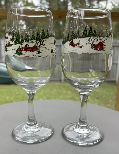Wine Glasses Water Goblet Libbey Currier & Ives Christmas Winter Scene Set of 2