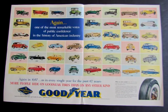 1957 Double Page Magazine Print Ad GOODYEAR Tires