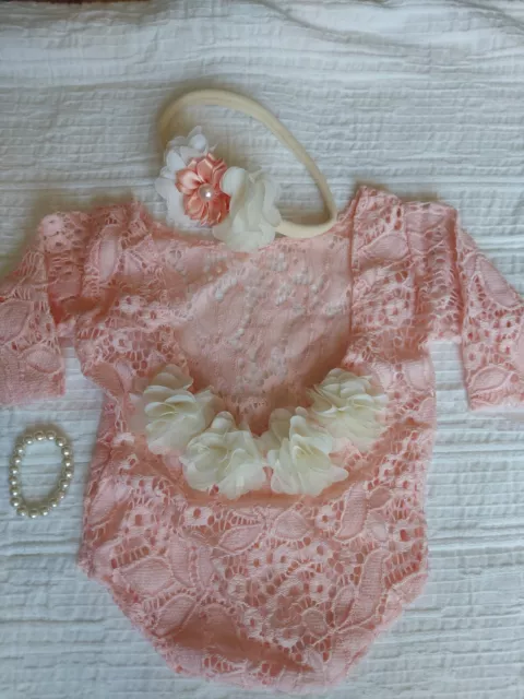 Newborn Girl Bow Back Lace Bodysuit, Bracelet & Headband Photo Outfit  Pink