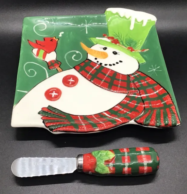 Fitz Floyd Holly Hat Snowman Snack Plate W/ Spreader And Box Christmas 6" x 7"