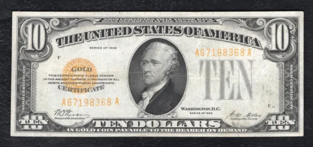 Fr 2400 1928 $10 Ten Dollars Gold Certificate U.s. Currency Note Very Fine+