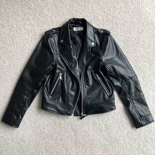 H&M Girls Black Biker Jacket - Faux Leather - 9-10 Years