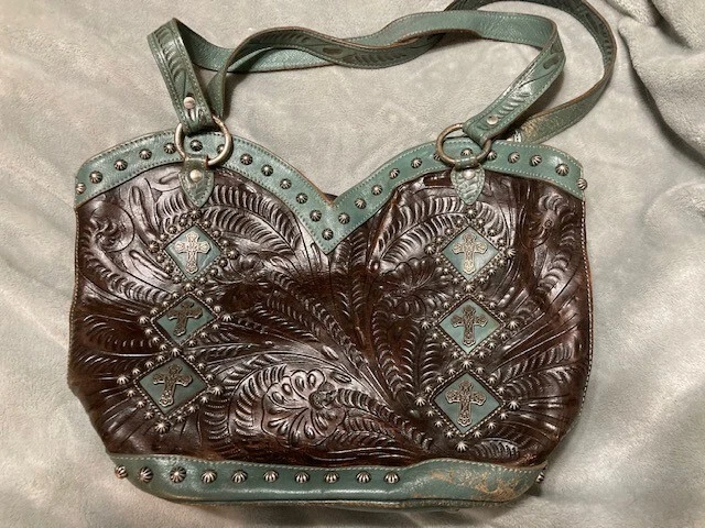 American West Ladies Leather Sage, Brown & Silver Pocketbook with Crosses