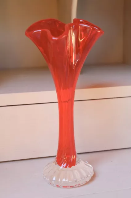 Vintage 1960s Czech Red Fluted Glass Bud Vase Clear Base