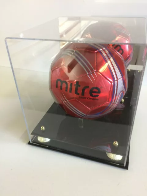 Soccer ball MIRROR BACK display casw with gold risers  85% UV filtering acrylic 2