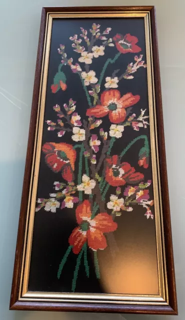 MCM Cross Stitch Ebroidery Framed Foral Tapestry Wall Hanging Boho Colours C1960