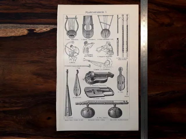 Alte Lithographie, Musikinstrumente, ca.1920,Balalaika, Harfe, Oboe, Laute,Viola 2