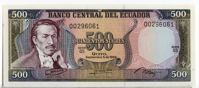 Banco Central Del Ecuador 500 Quinientos Sucres Serie GS UNC P-124a