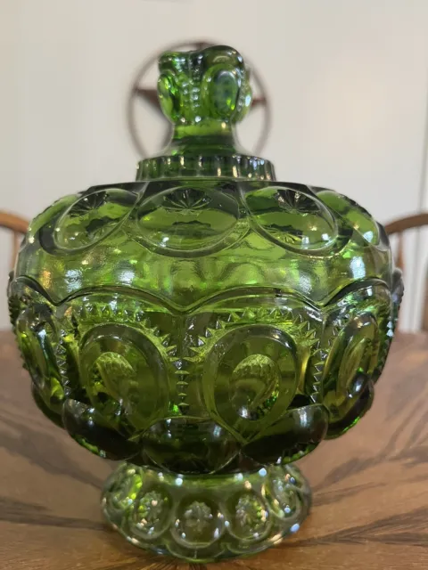 LE Smith Glass Moon And Stars Compote Green Pedestal Covered Bowl Candy Dish 8”