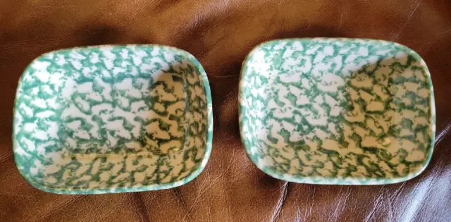 Vintage Pair Of Btc Usa - Bel Terr Henn Pottery - Green Spongeware Dishes #91732