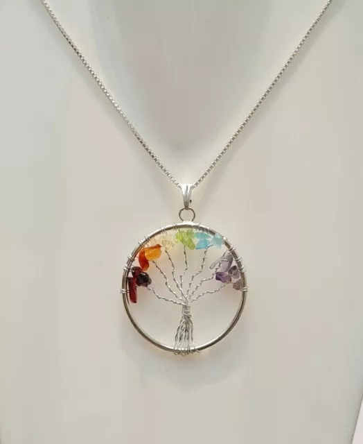 Natural Gemstone Tree of Life Pendant Necklace 7 Chakra Healing Crystal Charm.
