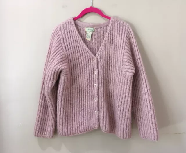 Vintage LL Bean Womens Sweater Small Pink Mohair Wool Blend Ribbed Cardigan