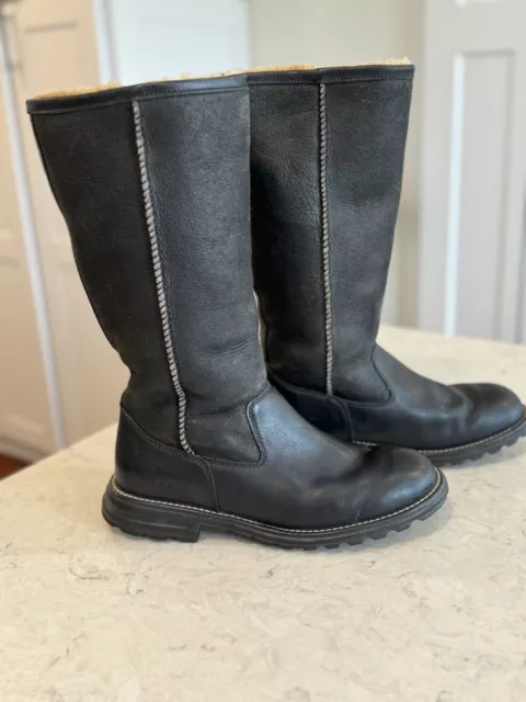 UGG Brooks Tall Black on Black Leather Shearling Lined Boots Women's Size US 8