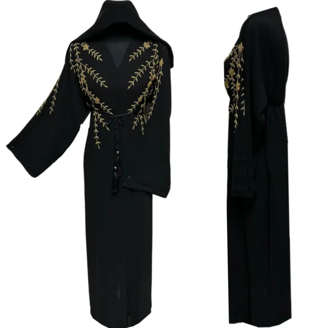Damen Luxus Schwarz Chiffon Offene Vorderseite Abaya Jalabiya Langes Kleid