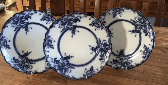 3 X William Adams Tedworth Flo Blue 10 “ Dinner Plate C 1900