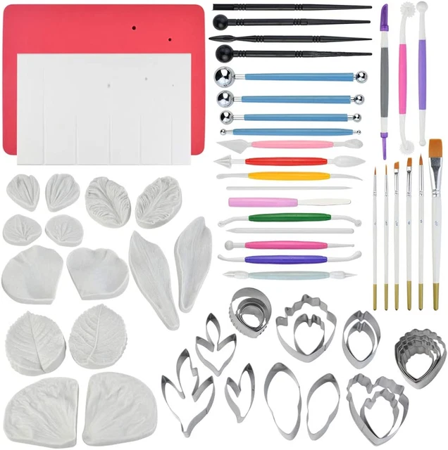 62Pcs Gumpaste Flowers and Leaves Fondant Tool Leaf Tool Kit Gum Paste Flower Cu