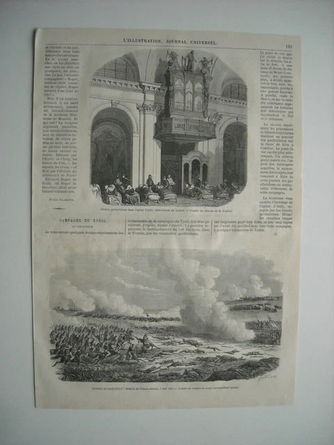 Gravure 1866. Campagne Tyrol. Blesses Garibaldiens Dans Eglise D’anfo. Paraguay.