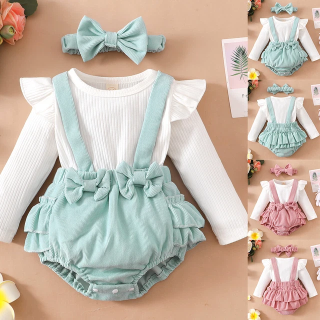 Newborn Baby Girl Outfits Long Sleeve Ribbed Romper Jumpsuit Shorts Headband Set