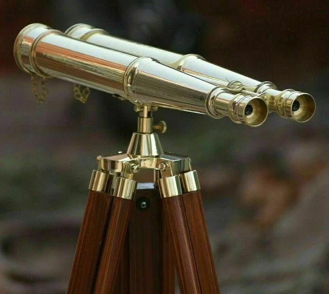 Telescopio antiguo de cuero binocular de 18" de latón náutico con soporte...