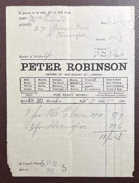 1895 Peter Robinson, Silk Mercer & Linen Draper, Oxford Street, London Invoice