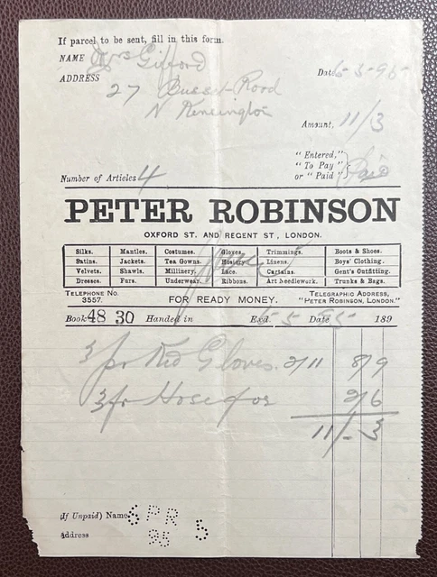 1895 Peter Robinson, Silk Mercer & Linen Draper, Oxford Street, London Invoice