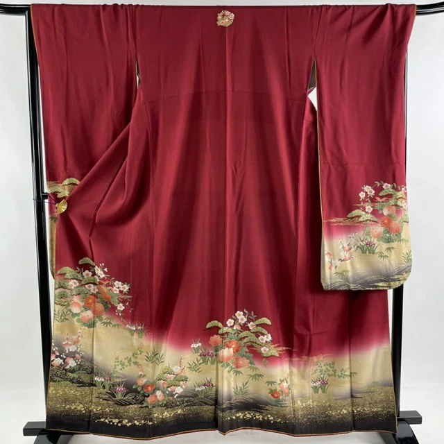 JAPANESE KIMONO FURISODE LONG SLEEVES LADIES WOVEN SILK 100% GOLD COLOR 161cm