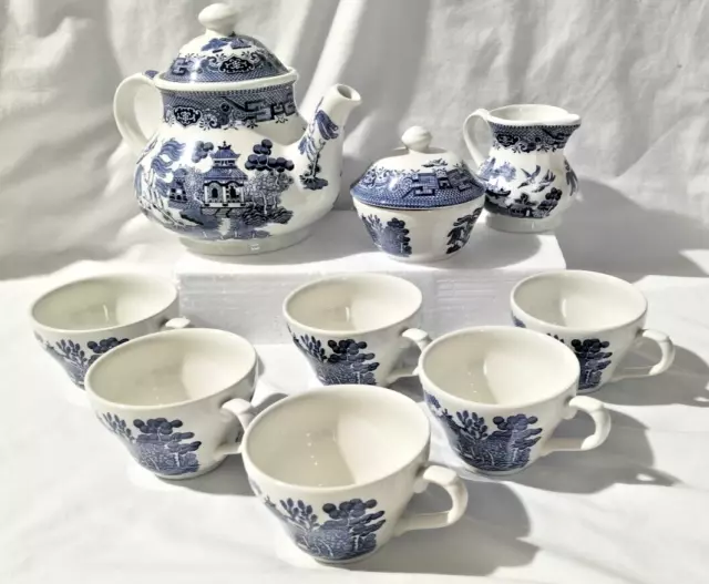 Vintage Churchill Blue Willow Pattern x6 Cup Tea Pot Sugar Milk New/Old Stock AF