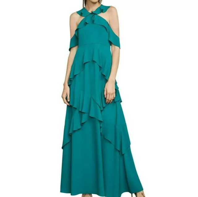 BCBGMAXAZRIA Green Georgette Ruffled Halter Sleeveless Gown dress size 0 $422