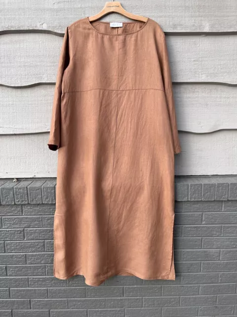 Vintage J. JILL 100% Linen Brown Long Sleeve Maxi Dress Lagenlook Modest Large