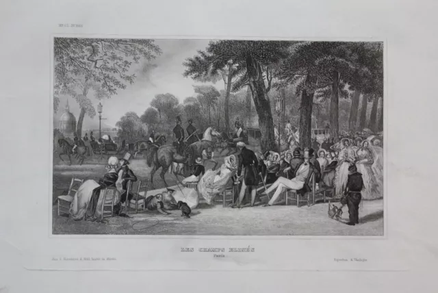 1840 - Avenue Des Champs Elysees Paris Viale Engraving Stampa Antica Incisioni