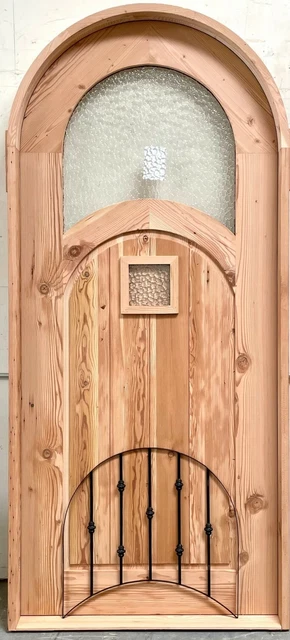 Rustic reclaimed lumber arched top door solid wood story book castle glass iron 2