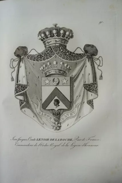 Gravure Blason Heraldique Comte Lenoir De La Roche Armoiries Restauration 1815