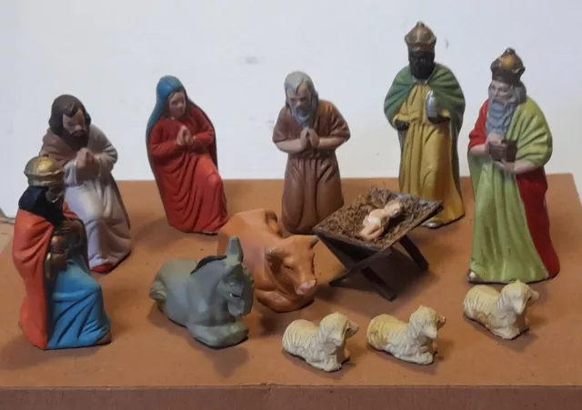 Weihnachten Krippe Krippefiguren 7 Figuren + 5 Tiere Kunststoff 1930/50er Jahre