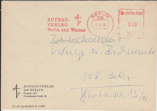 Geschäftsbrief mit Freistempel / AFS Aufbau-Verlag 108 Berlin u. Weimar, 1976