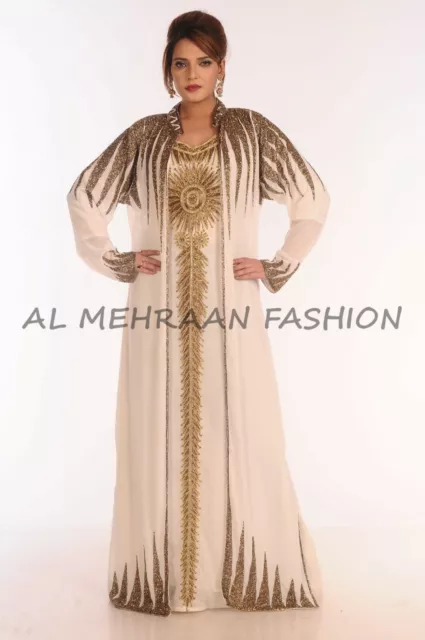 Marocchino Arabo Kaftano Maxi Manica Lunga Jalabiya D'Oro Ricamo Abito da Sposa