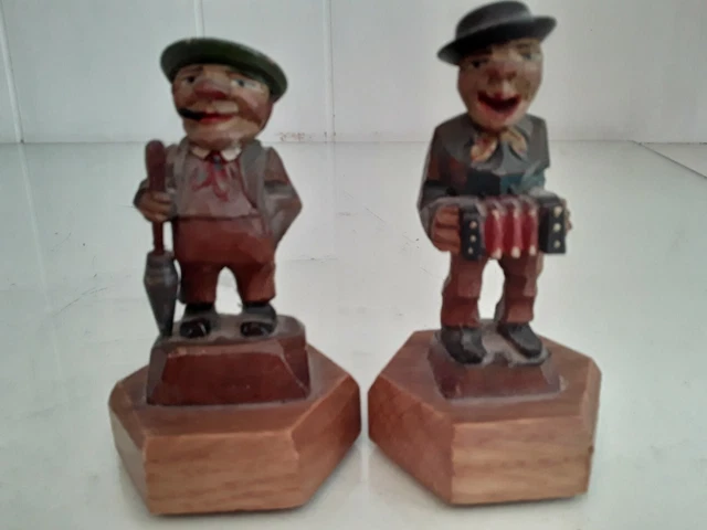 Vtg Folk Art Hand Carved Wooden Musician w Accordion & Man w Cigar & Umbrella 3.