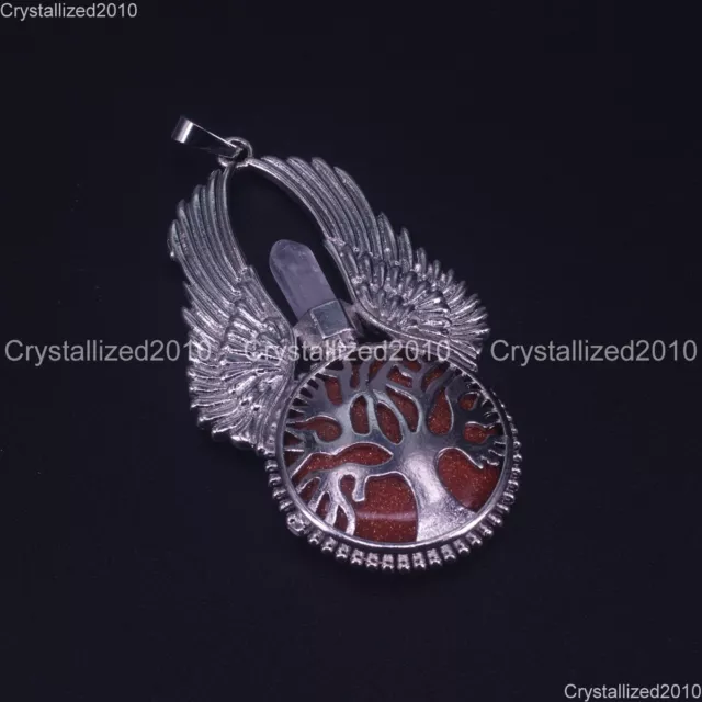 Natural Gemstones Hexagonal Life Tree Angel Wing Healing Pendant Necklace Beads