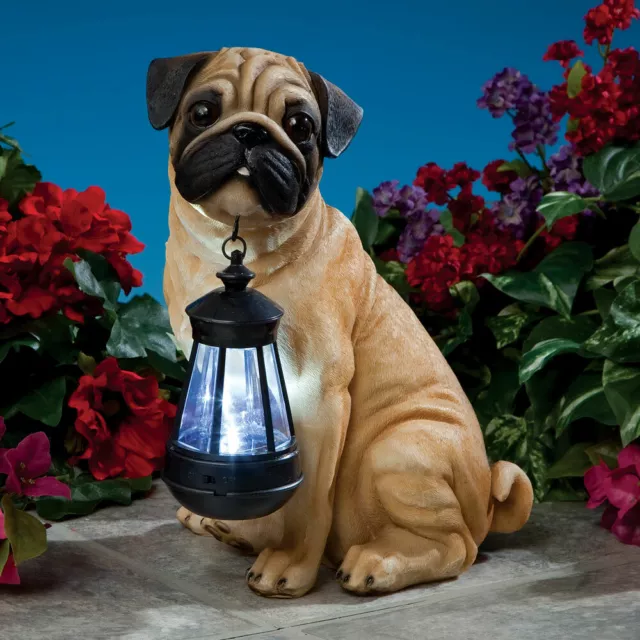 Realistic Fawn Pug Dog Garden Sculpture Holding Solar Lighted Lantern