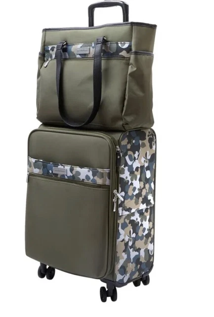 Samantha Brown 22" Spinner with Satchel 2-piece Set Olive Geo Camo NWT