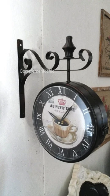 Orologio stazione da muro parete bifronte con mensola Caffè shabby
