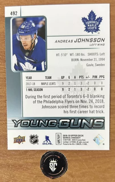 Andreas Johnsson 2018-19 Upper Deck Young Guns Rookie #492 Toronto Maple Leafs 2