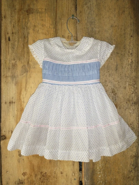 Vintage Handmade Dress 12M-2T White Cornflower Blue Sash Bow Party Dress...