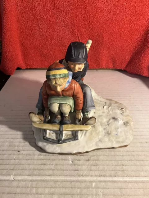 1ST EDITION Norman Rockwell Winter Figurine "Downhill Daring"  Dog Missing DWK