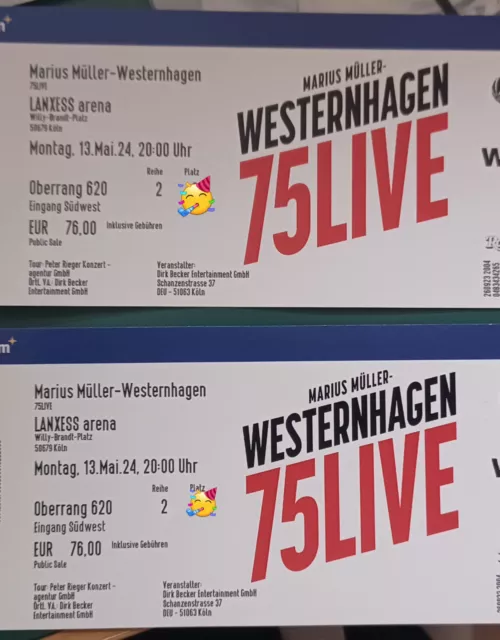 2x Westernhagen Tickets Köln 13.05. Sitzplatz Karten nebeneinander Reihe 2