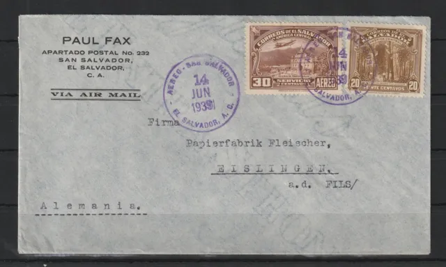 El Salvador Luftpost Brief San Salvador nach Eislingen, 1939 #1091232