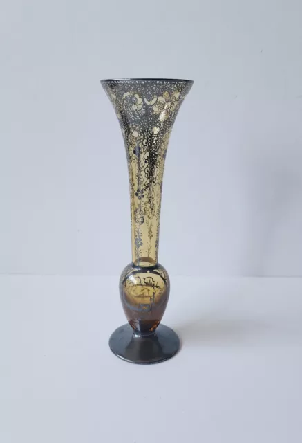 Antique Venetian Argento Sterling Silver Overlay Hand Painted Yellow Glass Vase