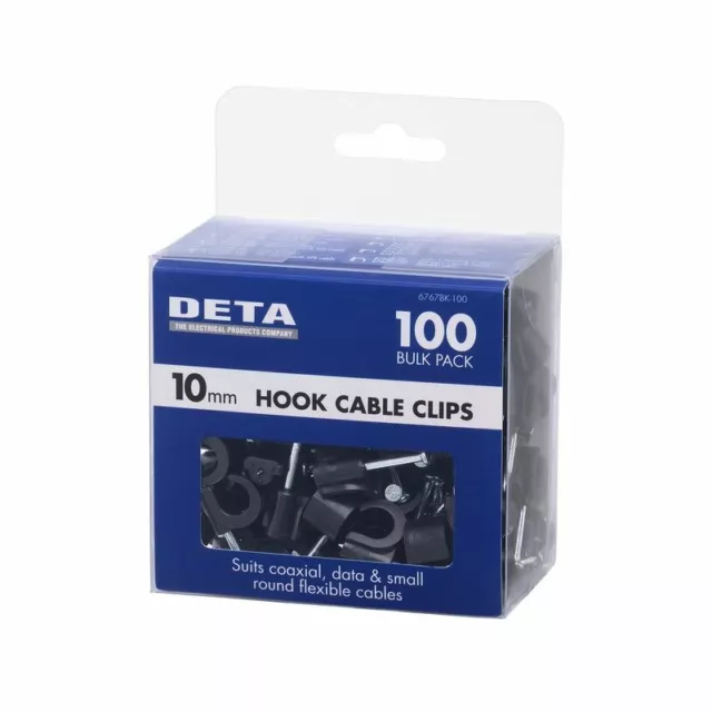 DETA 10mm Black Hook Cable Clips - 100X5=500 pk