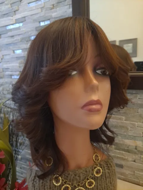 Allegria Wigs Medium Brown Human Hair Long bangs sheitel highlights M-L Cap