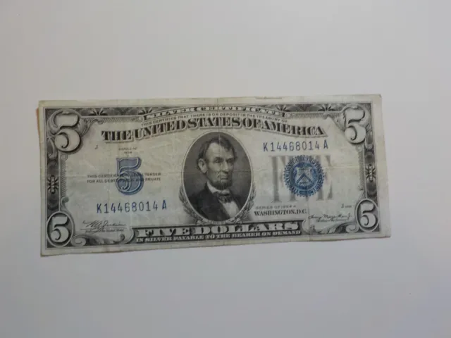 Silver Certificate 1934 5 Dollar Bill Paper Money One Currency Blue Seal Note